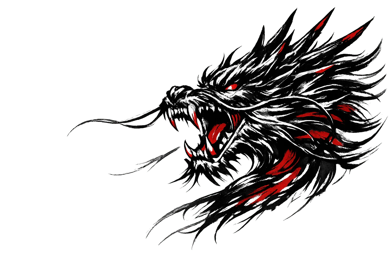 Fully detailed and colored red ink sumi-e Japanese dragon