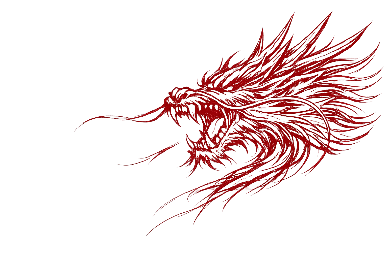 Sumi-e sketch outline of a traditional Japanese dragon winding through clouds