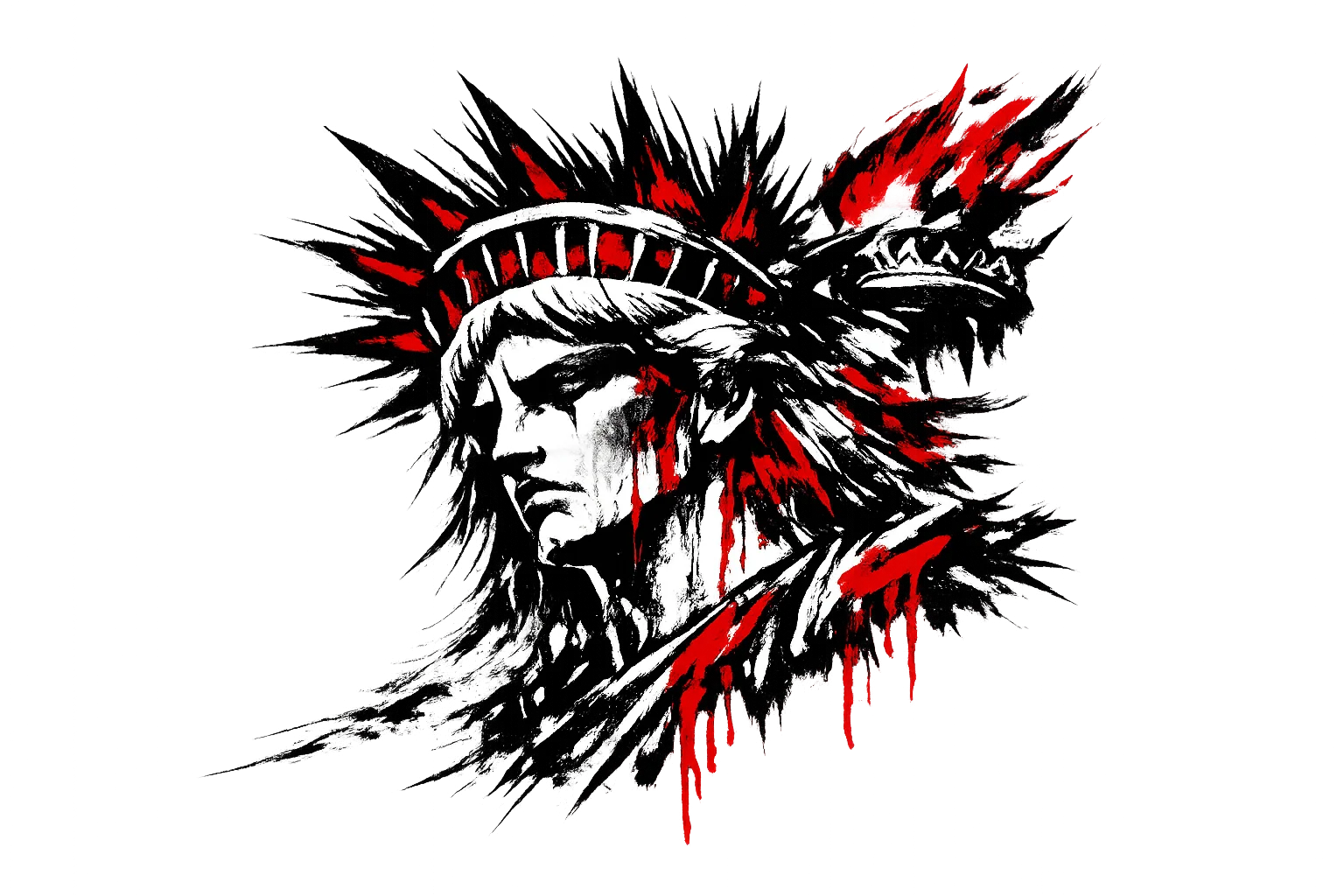 Fully detailed and colored red ink sumi-e Statue of Liberty